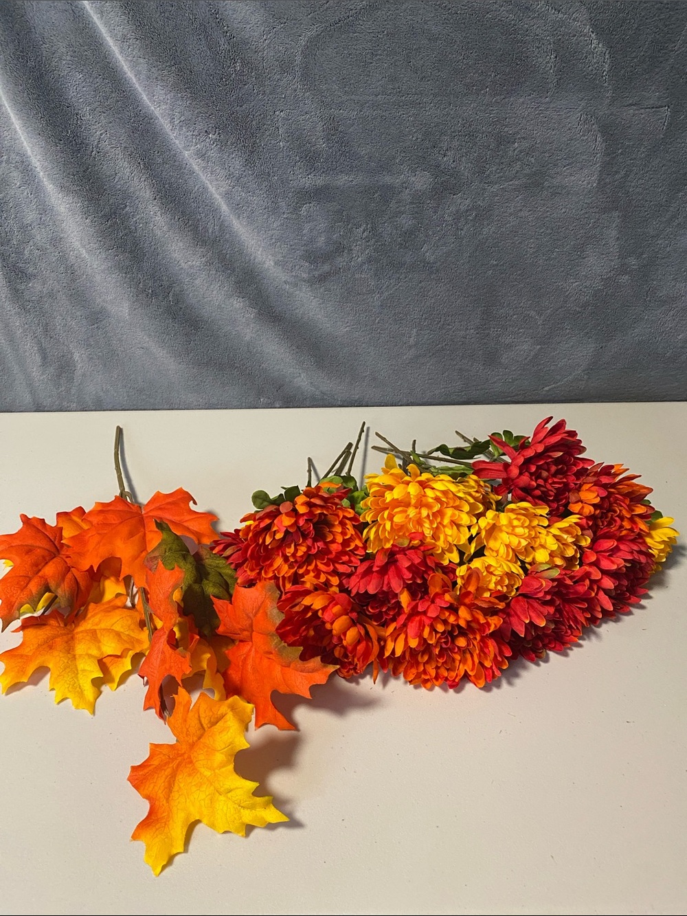 Set of 18 Faux Chrysanthemum Stems and Maple Leaf Pick